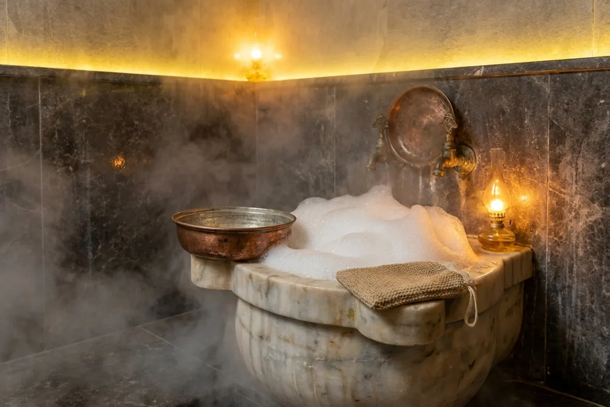 Hamam esintili spa köşesi, bakır tas ve köpük