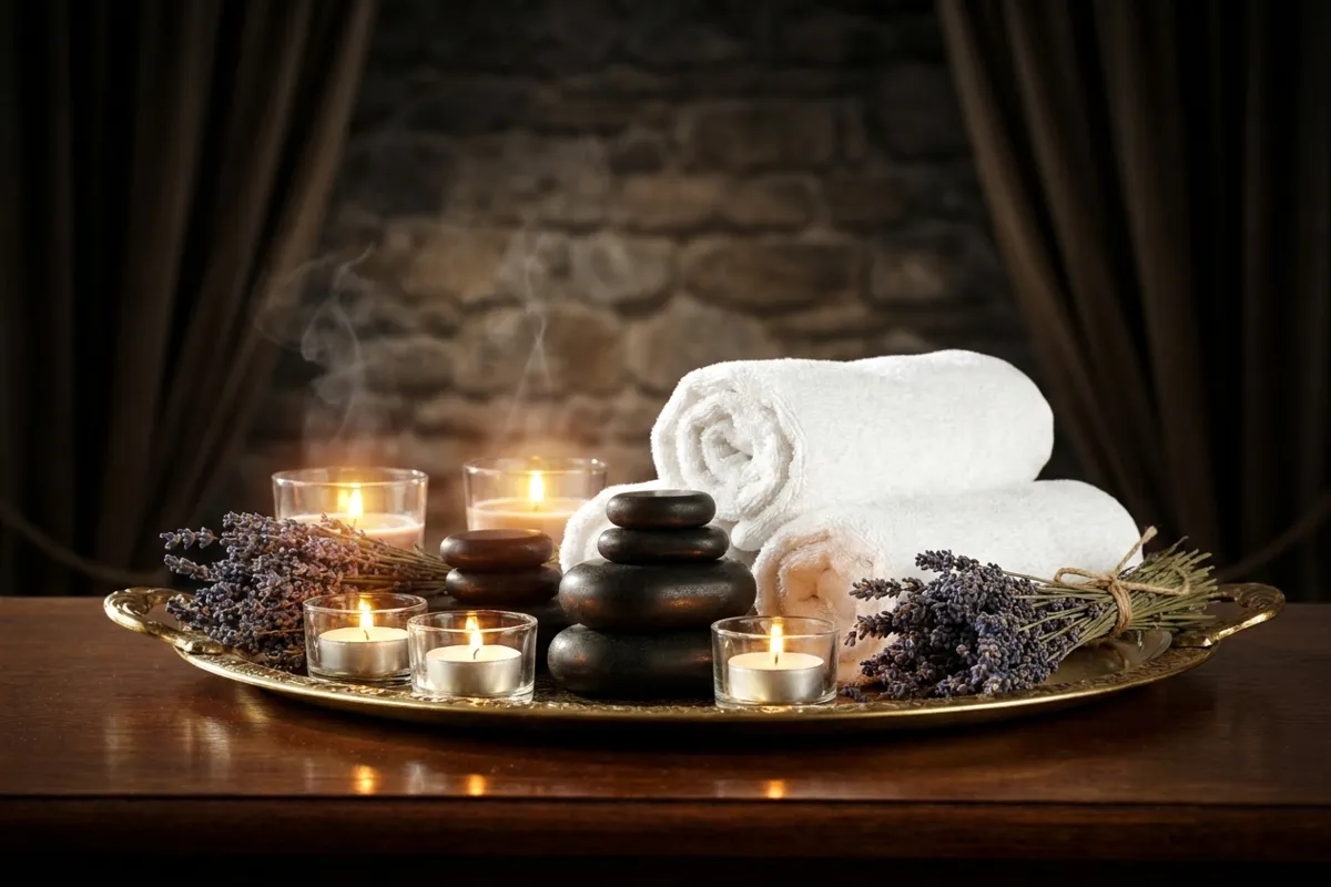 Soft masaj için sakin spa ortamı, mumlar ve taşlar